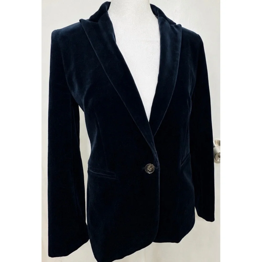 J Crew Navy Velvet Blazer Petite 2 One Button Dark Academia Quiet Luxury VTG Y2K